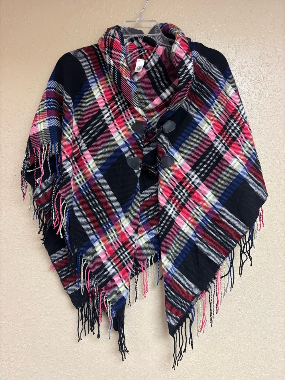 Cato Pink, Black & Blue Plaid Wrap with Fringe